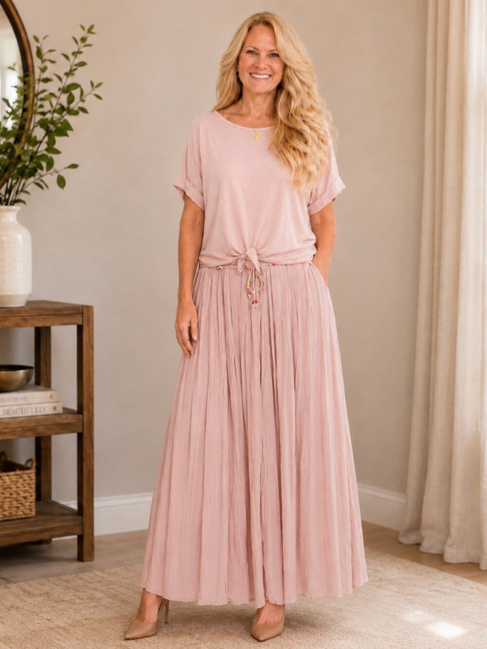 Blush Crinkle Silky Maxi Skirt